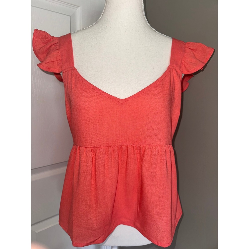 E&M Peplum Top Women Large Coral EUC Flutter Sleeve Linen Blend Babydoll Boho